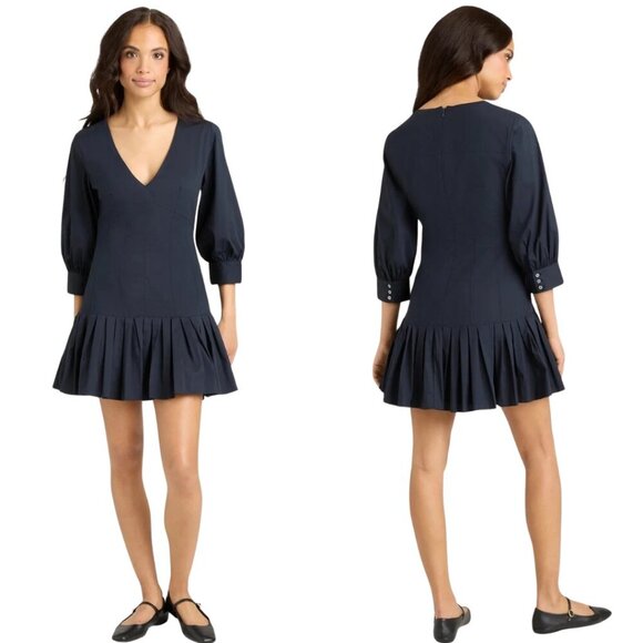 Cinq A Sept Sawyer V-Neck Pleated Mini Dress Women's 00 Blue Drop Waist Chic NWT - Picture 2 of 16